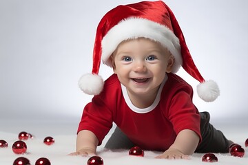 Wall Mural - A baby wearing a red hat and a red shirt is smiling