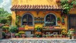 Cartoon 3D village market scene, stalls with fruits, flowers, lively yellow background