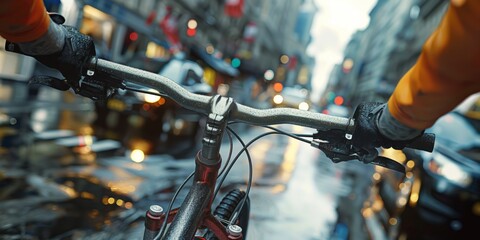 First-person view of a cyclist navigating wet city streets, reflecting city lights