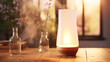 Aroma diffusor on wooden table spa background. Generative ai design.