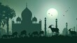A vector design for the Eid al-Adha event, with a shadow of an Islamic beautiful mosque, with many goats in the foreground in font. At the top there will be blank space for writing text,generative ai
