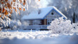 Beautiful winter landscape with a wooden house and snow-covered trees