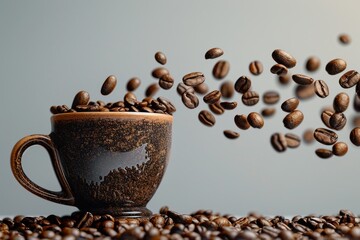 Wall Mural - A cup of coffee with a lot of coffee beans in it