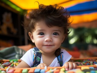 Canvas Print - A young child is playing with a variety of toys, including a train and a car