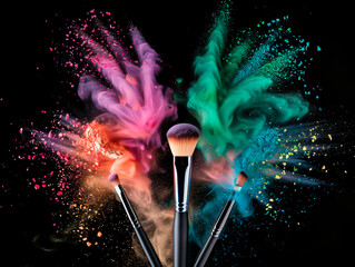 Makeup brushes with dynamic powder burst on black background with copy space.	