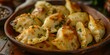 Delicious pierogies served in a rustic clay bowl with melted cheese and herbs, a traditional Eastern European dish