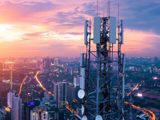 5G global network technology communication antenna tower for wireless high speed internet. Future proof fastest internet technology is LTE aerial network connection - ai