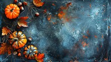 Image In Illustration Style, Banner Autumn Border Of Pumpkins, Leaves, Nuts On Stone Background