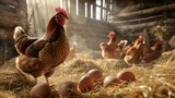 Fototapeta  - Hen with Eggs in Barn