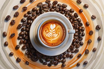 Wall Mural - A white coffee cup with a heart drawn on it sits on a table with a pile of coffe