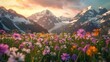 A serene alpine meadow dotted with colorful wildflowers, framed by snow-capped peaks and bathed in the soft glow of the setting sun,