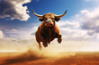 Angry bull with horns jumping in the desert. Generative Ai