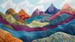 A cartoonish mountain pass with paths of braided wool and mountains of stacked colorful quilting fabric. 