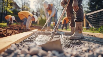 A team of builders pouring and leveling concrete for a driveway.