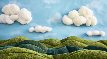 Wall Mural - A rolling hills landscape, crafted entirely from green felt, complete with fluffy white cotton wool clouds in a clear blue felt sky. 