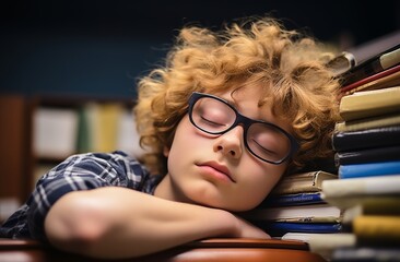 Wall Mural - A young boy with glasses is sleeping on a pile of books