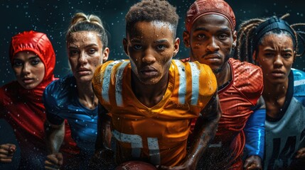 athletes of different ethnic groups and gender on a black background. football player, swimmer, jumper, break dancer, jockey, runner, shot thrower, gymnast standing together .