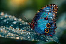 A Close-up Of A Blue Morpho Butterfly, Its Iridescent Blue Wings Shimmering As It Rests On A Lush Gr