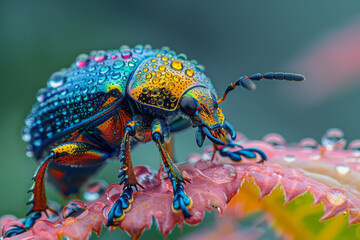 A macro image of a jewel beetle on a dew-covered leaf, its iridescent exoskeleton reflecting the mor