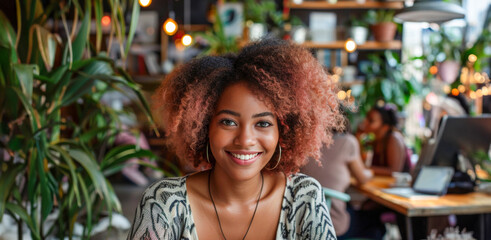 Wall Mural - A woman with a pink and brown hair is smiling in front of a plant