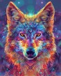 Mystical neon wolf, iridescent hues shimmering, surrounded by vivid psychic energy waves
