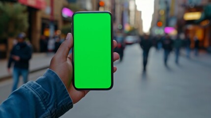 Man holding green screen mobile phone in hand outdoors,.copy space,mockup