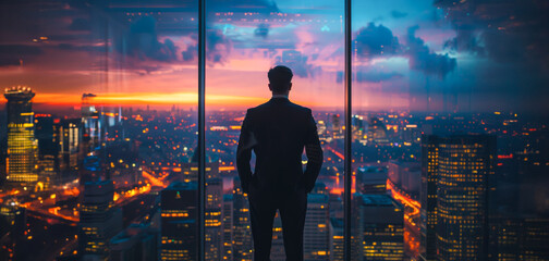 Wall Mural - Man in a suit is looking out a window at the city below