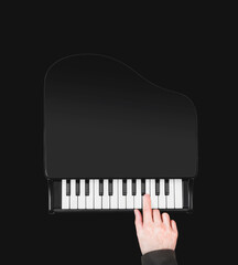 Wall Mural - top view of male musician hand playing small grand piano. isolated on black. music background