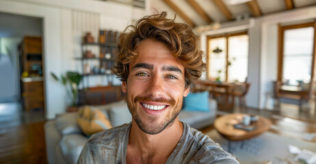 Poster - A man with a beard and a smile is standing in a living room