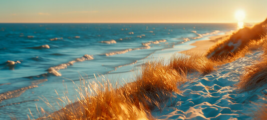 Wall Mural - A beach with a body of water and a sun setting in the background