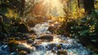 A serene mountain stream winding its way through a sun-dappled forest, with moss-covered rocks and vibrant foliage lining its banks, a tranquil oasis amidst the wildernes