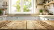 Kitchen Background. Wooden Table Top on Wall with Blur Kitchen Counter and Shelf
