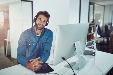 Sticker - Consultant, portrait and computer with headset, smile and office for technical or customer support. Call center man, company or corporate service for workplace, happiness and employee tech confidence