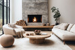 Scandinavian, loft interior design of modern living room, home with fireplace.