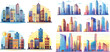 City buildings at morning, day, sunset and night town view cartoon vector