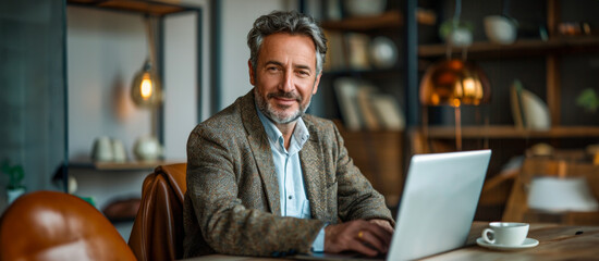 Wall Mural - A man is sitting at a desk with a laptop and a cup of coffee