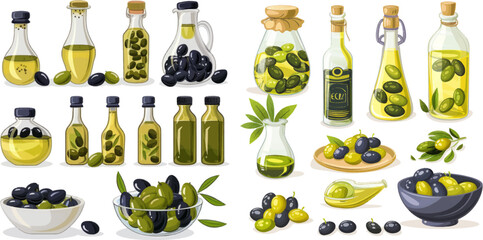 Canvas Print - Black and green olives in jars, healthy virgin oil in bottles and bowl.