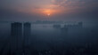 Aerial view urban cityscape with thick pm 2.5 pollution smog fog covering city high-rise buildings, orange and blue sunset sky