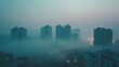 Aerial view urban cityscape with thick white pm 2.5 pollution smog fog covering city high-rise buildings, blue sky in evening