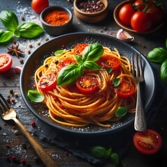 Wall Mural - plate of spaghetti with tomato sauce and basil