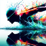 Fototapeta  - silhouette of man sport swimmer swimming splash color paint and white background	