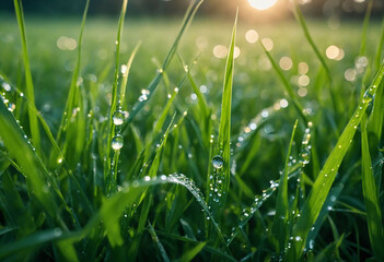 Morning dew on green grass in nature's light