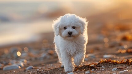 Poster - Adorable Bichon Frise puppy strolling along the shore Portrait of a small canine