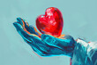 Abstract representation of a doctor's hand cradling a vibrant red heart, accentuated by subtle gradients against a calming blue background.
