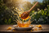 Fototapeta  - Honey dripping from honey dipper with splash ai generated. Honey with honeycomb on wooden table in a garden. Generative AI