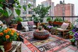 Boho style rooftop garden with potted plants rattan furniture and colorful textiles Providing a peaceful oasis in the heart of the city.