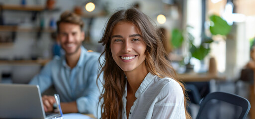 Wall Mural - A woman with long hair is smiling at the camera