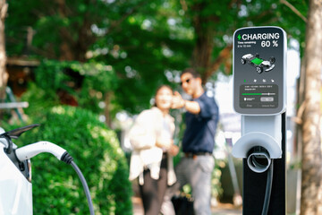 young couple recharge electric car's battery from charging station in outdoor green city park in spr