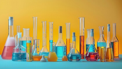 Wall Mural - Row of colorful beakers filled with various liquids