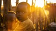 African child gripped by sibling during sunset in village backyard with kraal fence in background